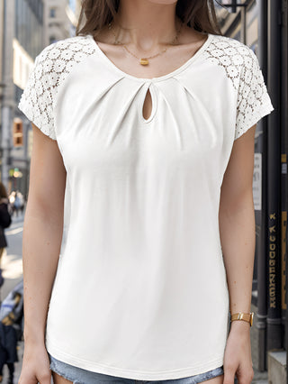 Contrast Lace Sleeve Keyhole Decor Top - LC25223649