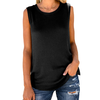 Women's Crew Neck Waffle Knitted Tank Top Casual Summer Sleeveless Top - LC256948