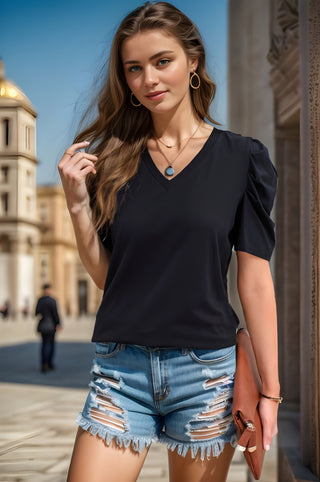 Women's T-Shirt Summer V-Neck Puff Sleeve Solid Color Loose Casual T-Shirt - LC25219590
