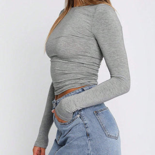 Fitted Ribbed Crew Neck Long Sleeve Cropped Tee KF0001