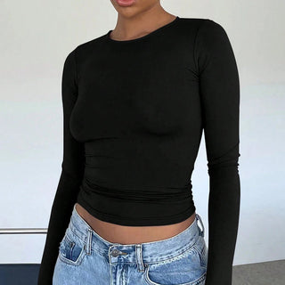 Fitted Ribbed Crew Neck Long Sleeve Cropped Tee KF0001