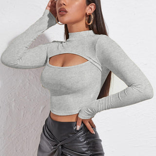 Front Cutout Mock Neck Long Sleeve Cropped Tee KF0002